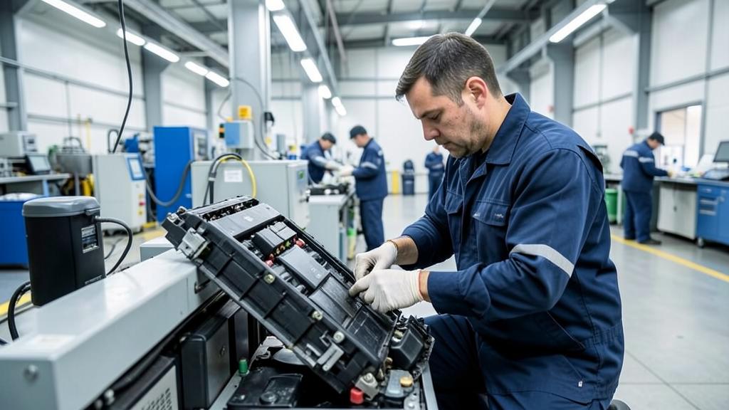 Un ouvrier assemble ou inspecte un gros composant électronique noir, probablement un pack de batteries, pour un véhicule électrique.