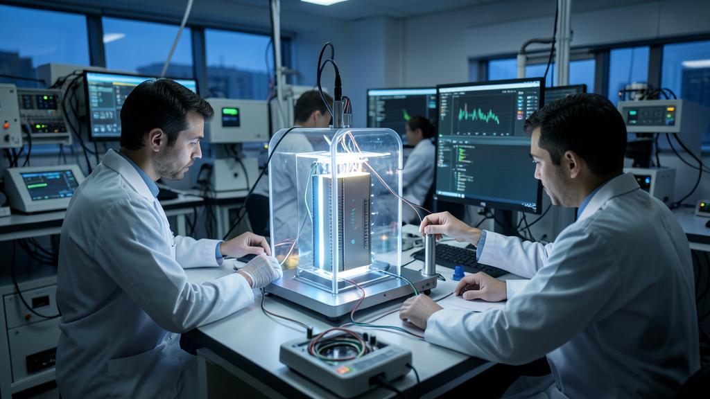 Deux scientifiques en blouse blanche travaillent sur une batterie transparente dans un laboratoire.