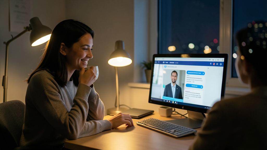 Une femme sourit pendant un appel vidéo avec un homme sur un ordinateur.