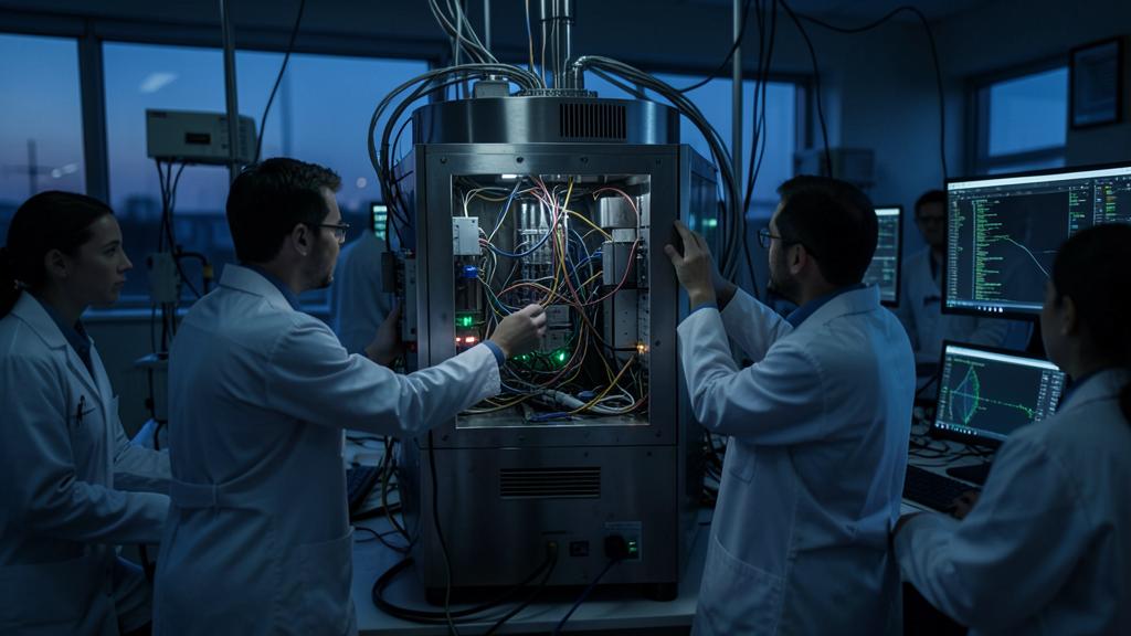 Scientists work on a complex quantum computing setup in a lab.