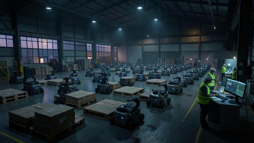 A warehouse filled with autonomous robots and a human operator monitoring them.