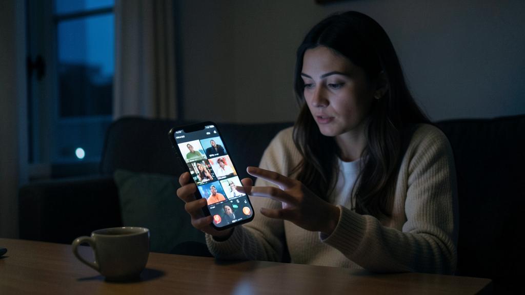 Una mujer participa en una videollamada con varios participantes usando su smartphone.