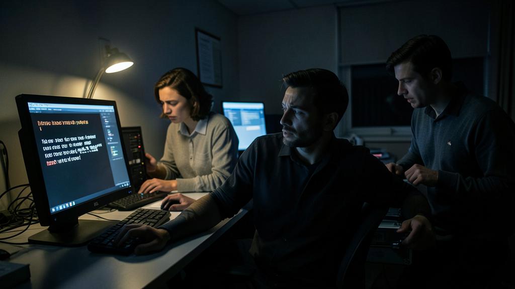 Trois personnes travaillent devant des écrans affichant du code et des interfaces système dans une pièce faiblement éclairée.