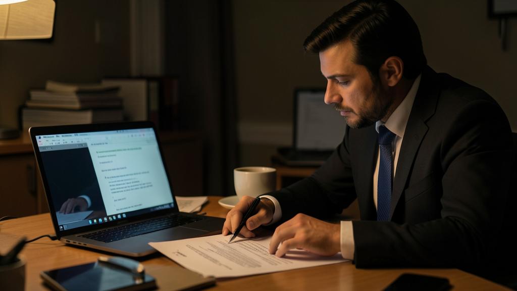 Un homme en costume signe un document en regardant un texte sur un ordinateur portable.