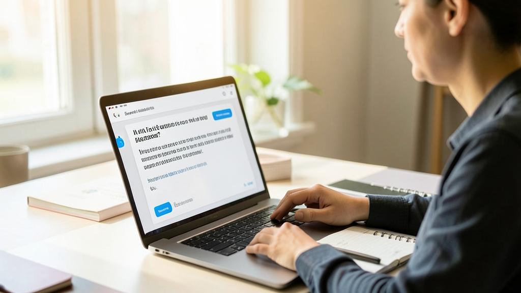 Eine Person nutzt einen Laptop, der eine Chat-Oberfläche mit KI-generiertem Text anzeigt.