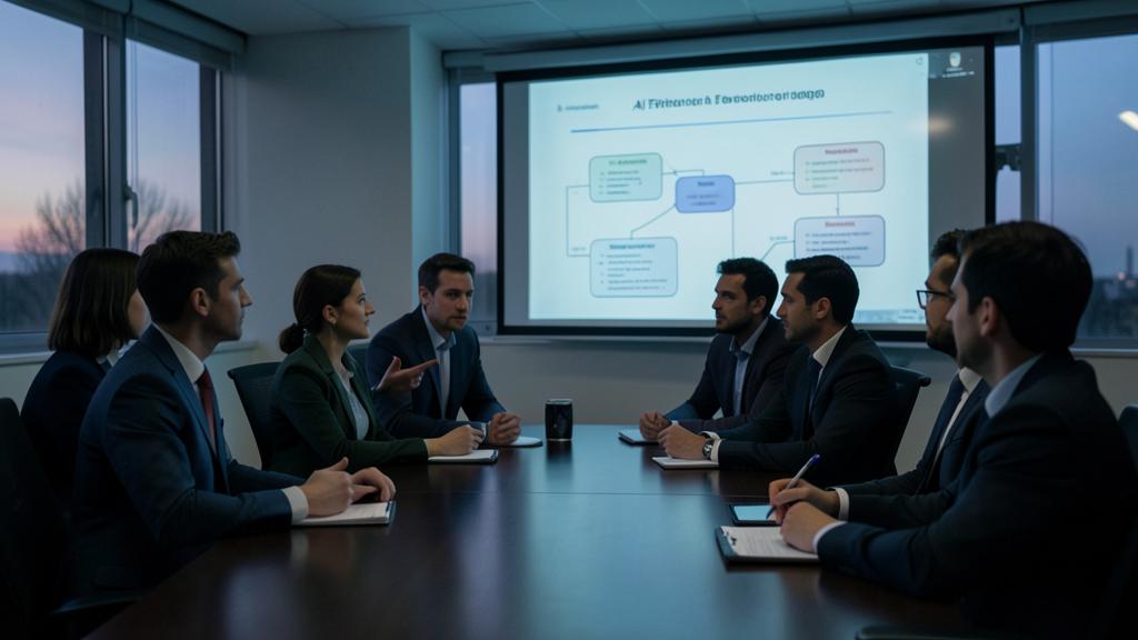 Un grupo de profesionales en una reunión con una presentación sobre IA en la pantalla.