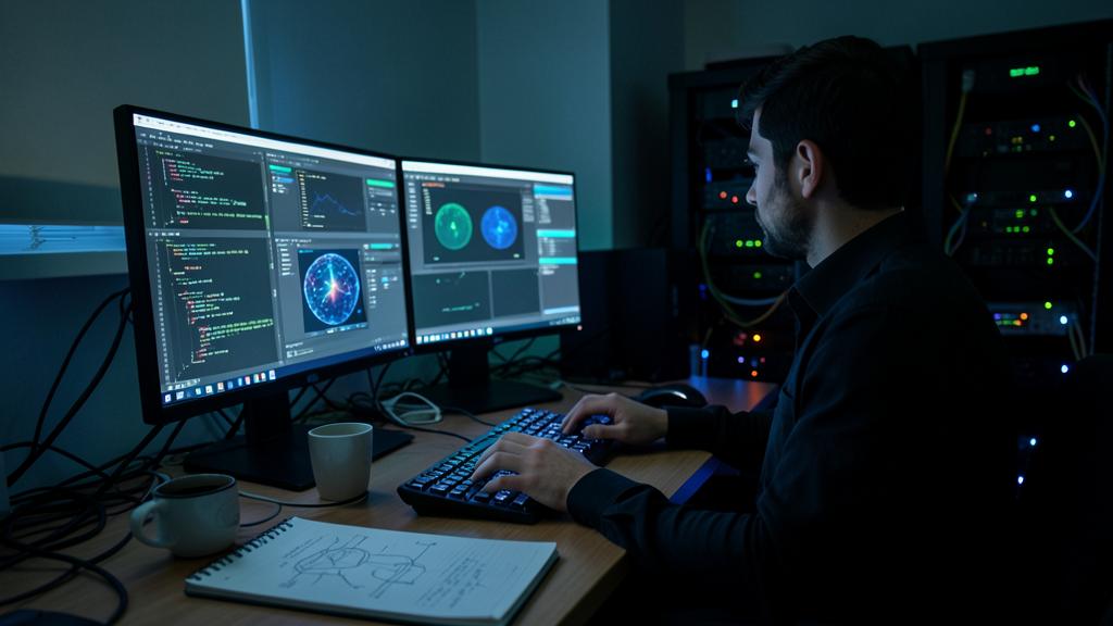Un homme travaille devant des écrans affichant du code et des visualisations dans une salle serveur.