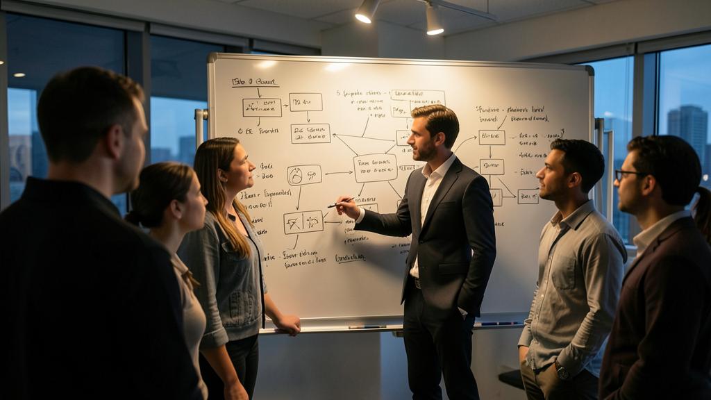 Un homme en costume explique un organigramme à des collègues devant un tableau blanc.