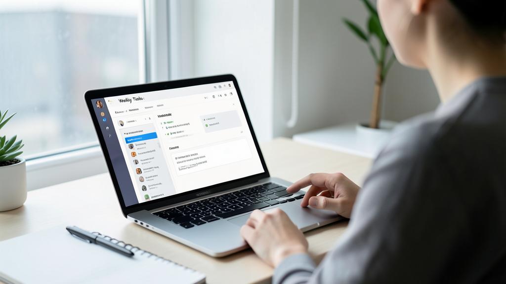 Une personne utilise un ordinateur portable affichant l'application Notion avec une base de données de tâches et une barre latérale de pages.