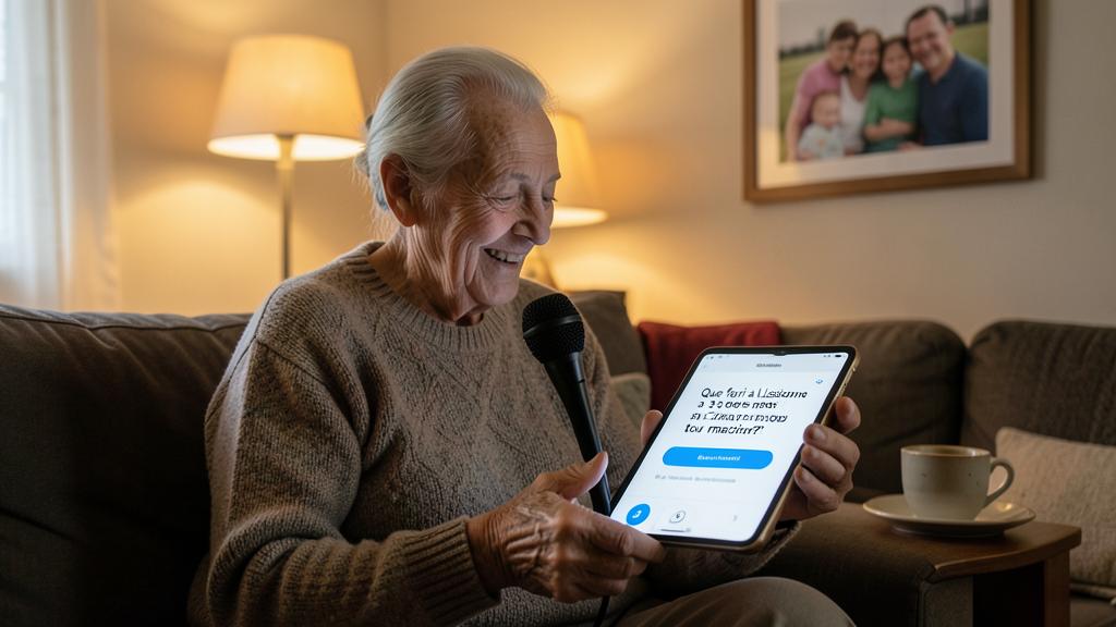 An elderly person smiles while using a tablet with a voice assistant.
