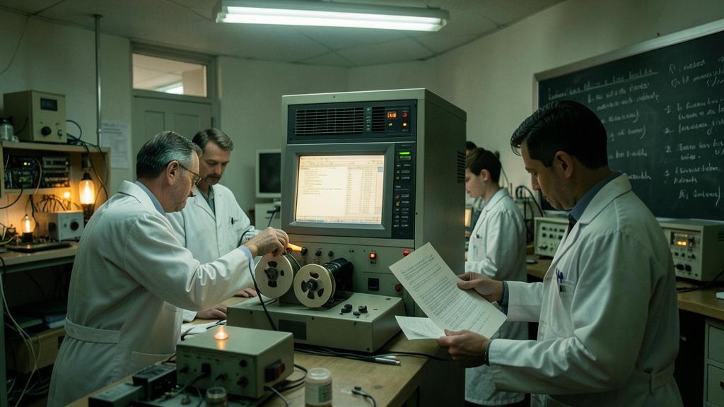 Plusieurs scientifiques en blouse blanche travaillent avec des ordinateurs anciens dans un laboratoire.
