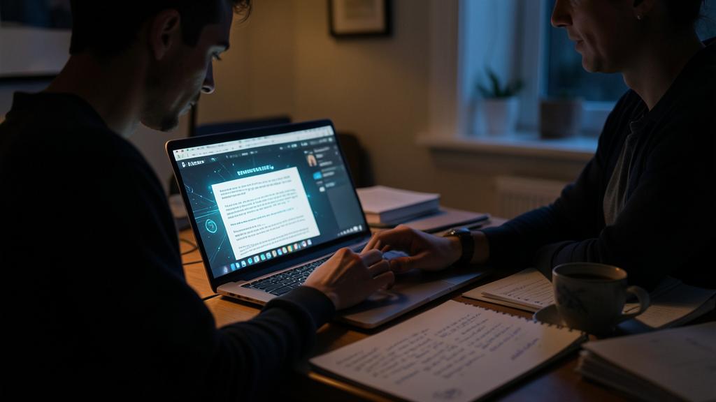 Zwei Personen arbeiten zusammen an einem Laptop in einem schwach beleuchteten Raum, während sie ein Dokument bearbeiten.