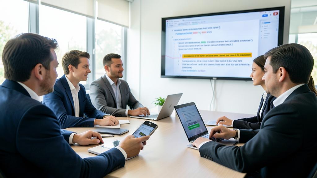 Une réunion professionnelle avec des participants utilisant des appareils numériques et un écran affichant un document.