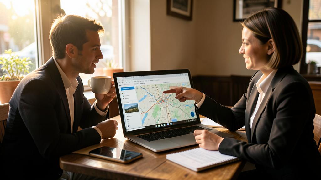 A man and a woman in business attire review a map on a laptop in a café.