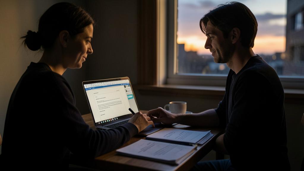 Un homme et une femme travaillent ensemble sur un ordinateur et des documents.