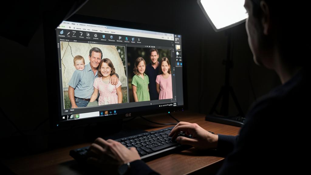 Una persona edita un retrato familiar en una computadora, iluminada por una luz brillante.