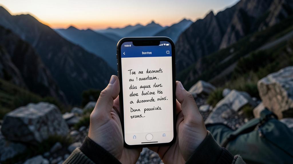 Eine Person hält ein Smartphone, das eine handschriftliche Notiz mit einer Berglandschaft bei Sonnenuntergang im Hintergrund anzeigt.