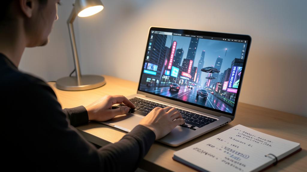 Une personne utilise un ordinateur affichant une ville futuriste avec des voitures volantes, assise à un bureau avec un carnet et une lampe.