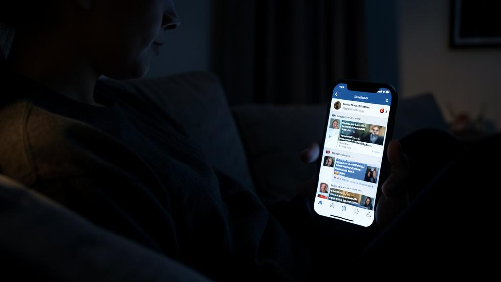 Une personne regarde un fil d'actualité sur un smartphone dans une pièce sombre.