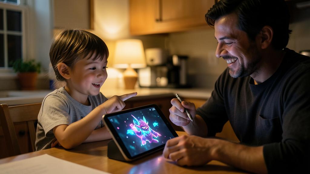 Un père et son fils sourient en interagissant avec un personnage animé sur une tablette.