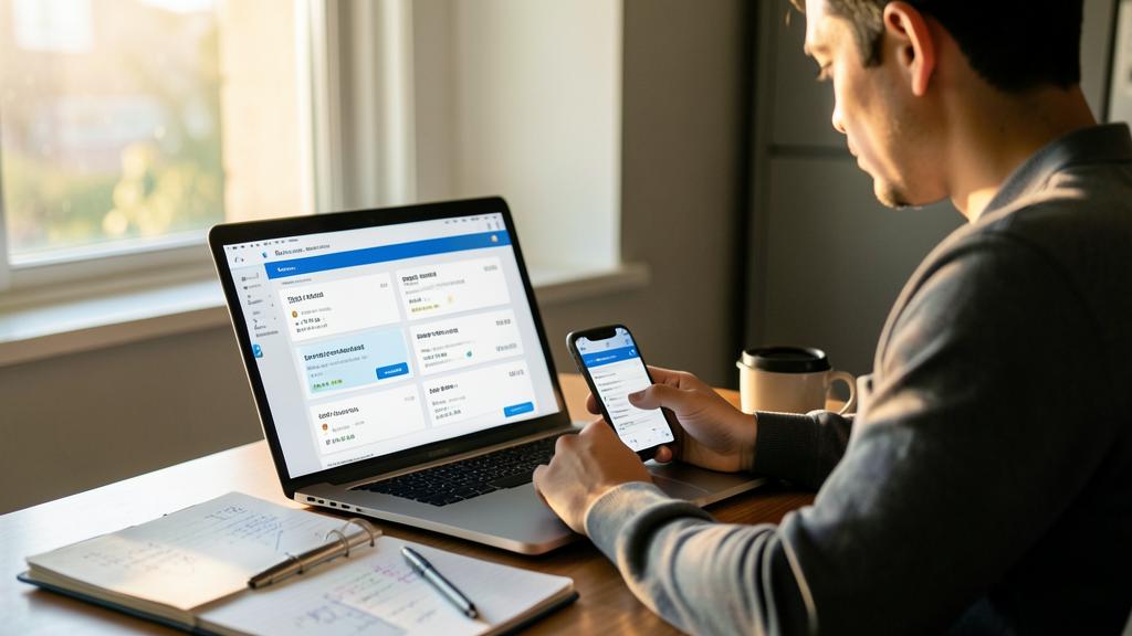 Un homme utilise un ordinateur portable et un smartphone affichant une application financière.