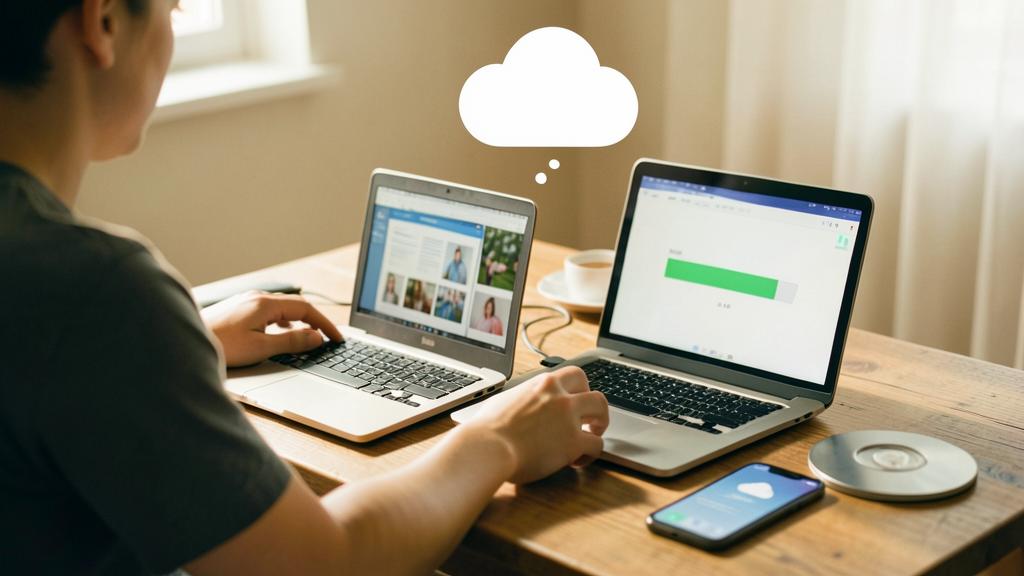 A person uses two laptops and a smartphone on a wooden table, with a cloud icon suggesting cloud computing.