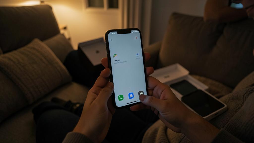 A person is holding a smartphone displaying its home screen in a dimly lit room.