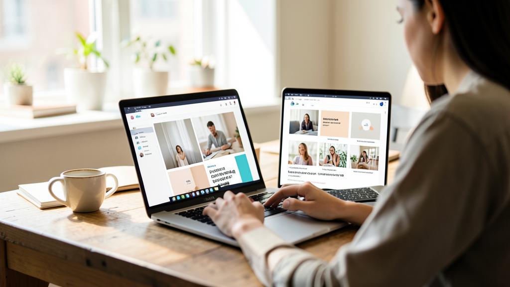 Une personne utilise deux ordinateurs pour créer des designs avec Canva.
