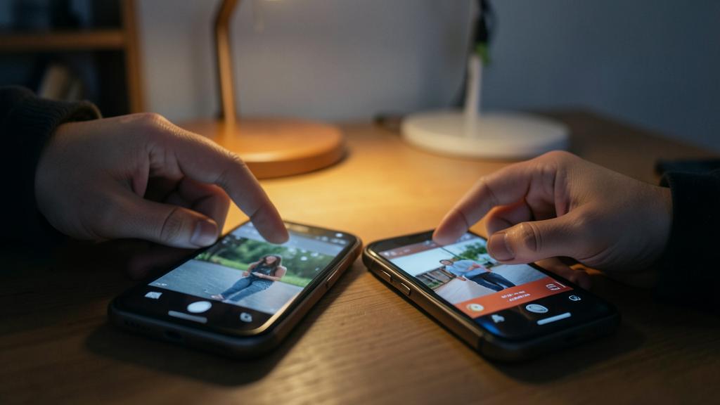 Deux mains utilisent des smartphones pour transférer des photos, l'un sélectionnant une image, l'autre affichant une interface de transfert.