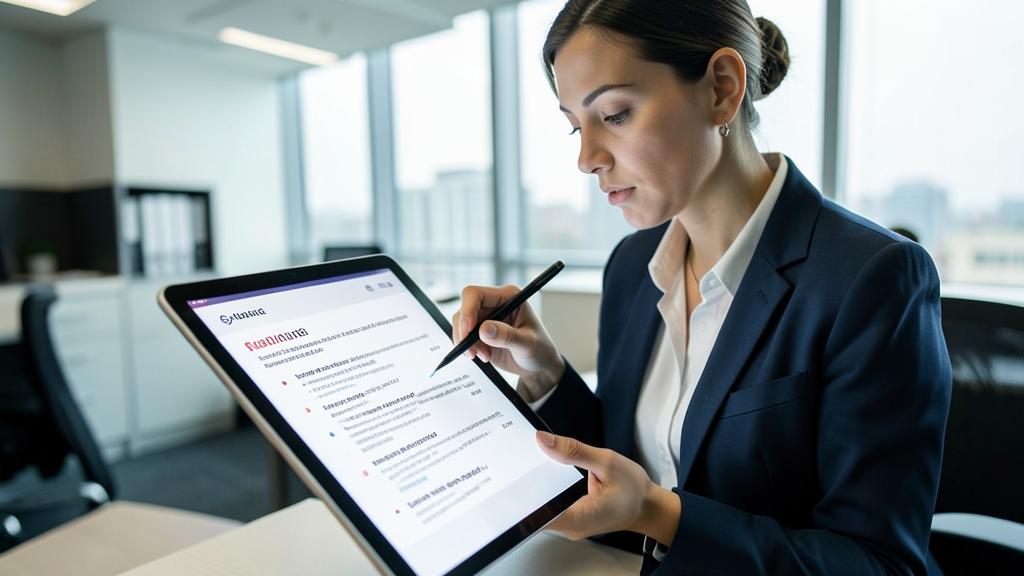 Une femme en tenue professionnelle utilise une tablette avec un stylet pour consulter un CV.