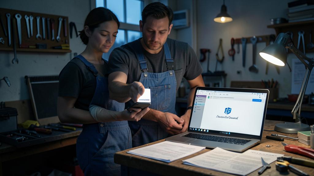 A man and a woman in overalls are looking at a smartphone and a laptop displaying a website.