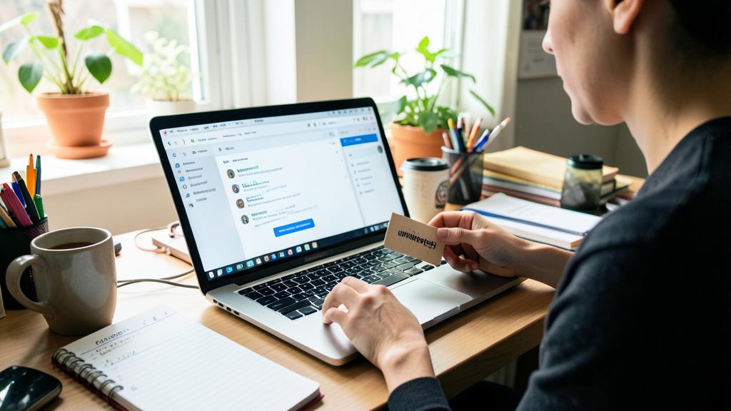 A person sits at a desk with a laptop, holding a business card.