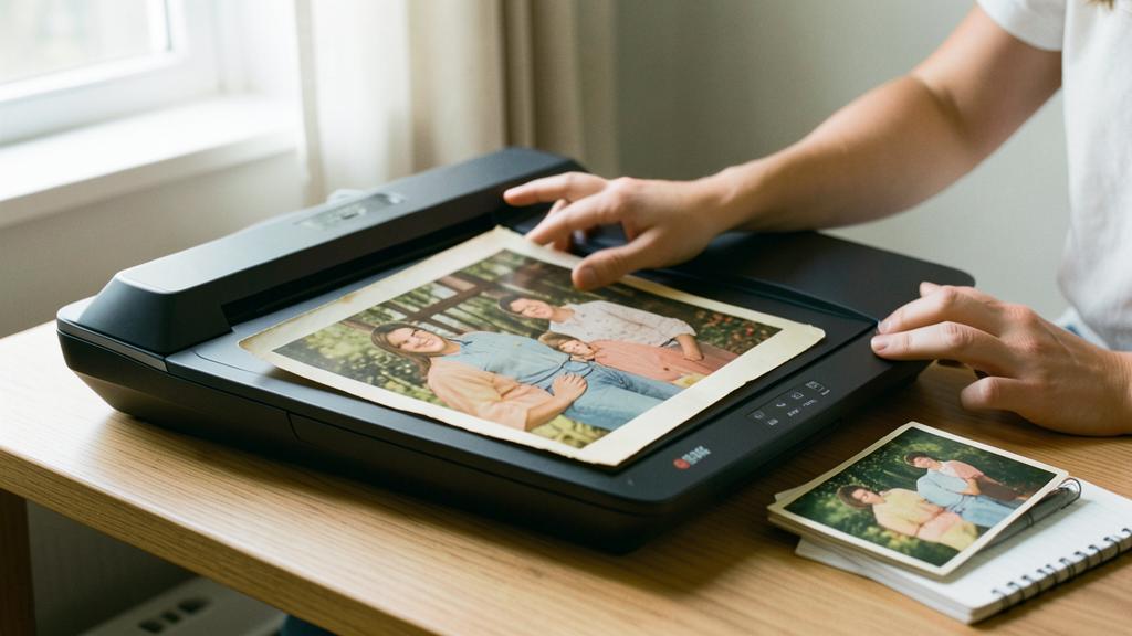 Una persona coloca una vieja fotografía familiar en un escáner de mesa, con otras fotos escaneadas cerca.