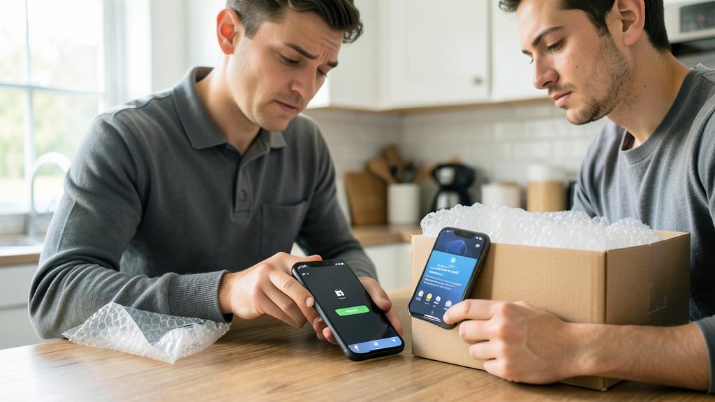 Zwei Männer nutzen ihre Smartphones, um eine intelligente Lieferbox einzurichten.
