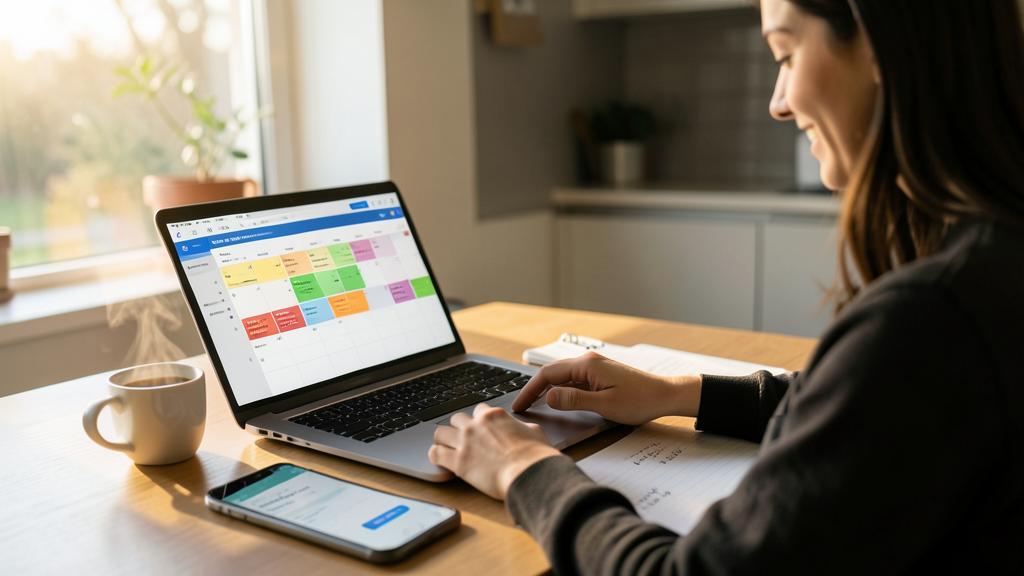 Une femme utilise un ordinateur affichant un calendrier coloré, avec un smartphone et une tasse de café sur la table.