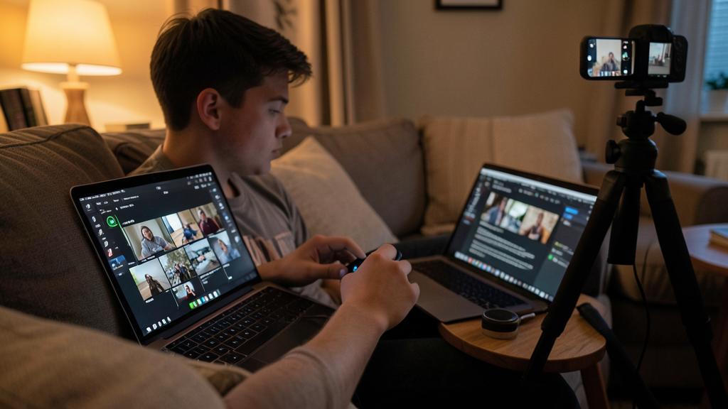 Un jeune homme assis sur un canapé utilise deux ordinateurs portables pour le montage vidéo, avec un smartphone sur un trépied.