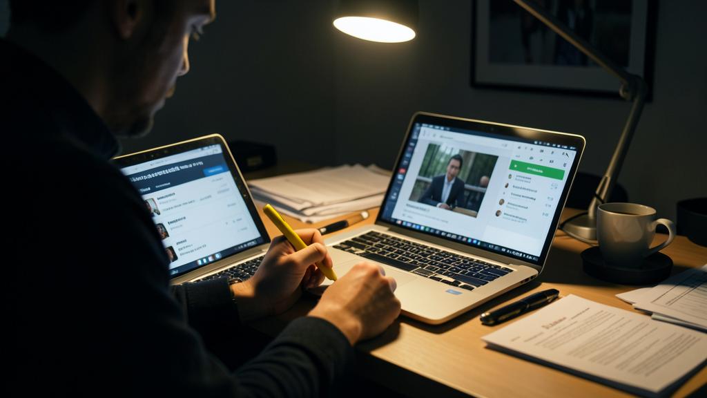 Une personne travaille à un bureau avec deux ordinateurs, l'un affichant un appel vidéo et l'autre une liste d'abonnements, tout en prenant des notes.