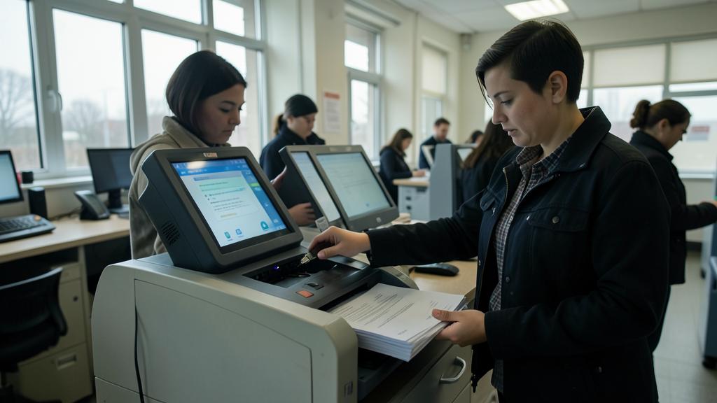 Une femme utilise une borne d'impression en libre-service dans un espace public.
