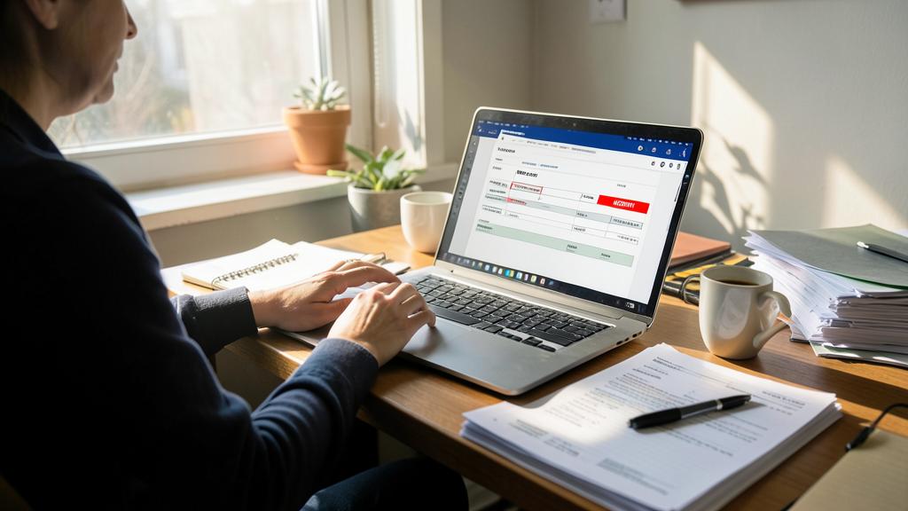 Une personne travaille à un bureau avec un ordinateur portable affichant un document.