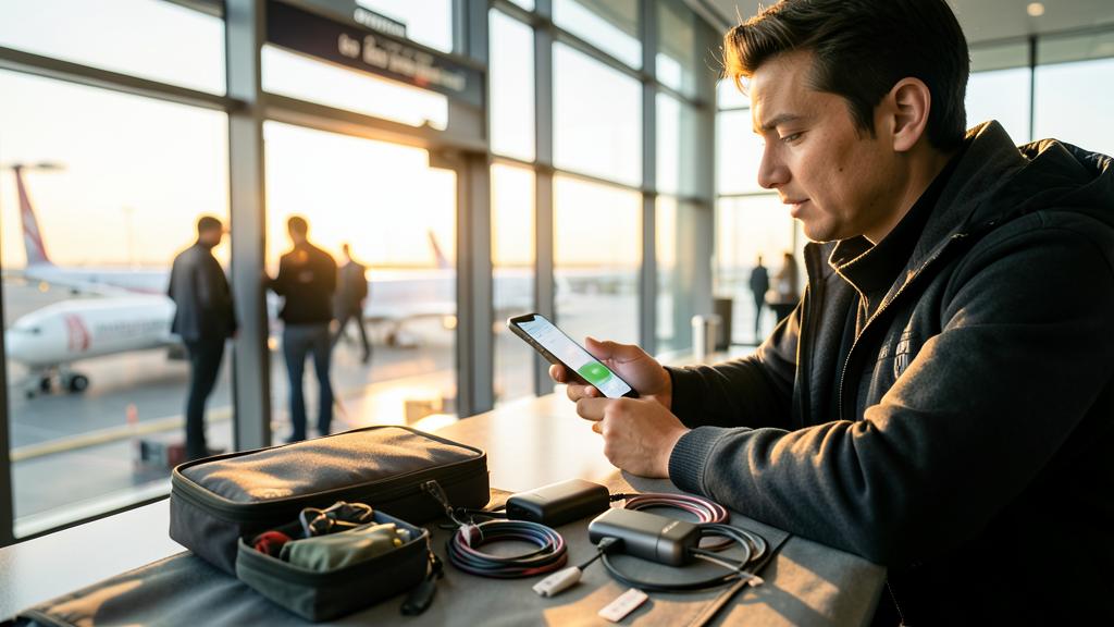 Un homme utilise son smartphone dans un aéroport, entouré de matériel de voyage.