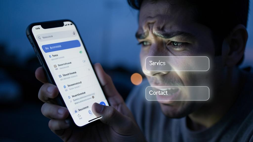 Un homme regarde un smartphone affichant un menu en thaï avec des éléments UI flottants.