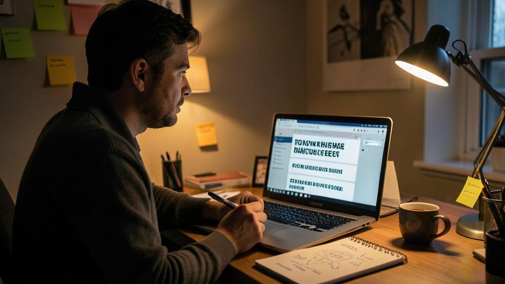 Un homme travaille sur un ordinateur affichant un gros titre, tout en prenant des notes.