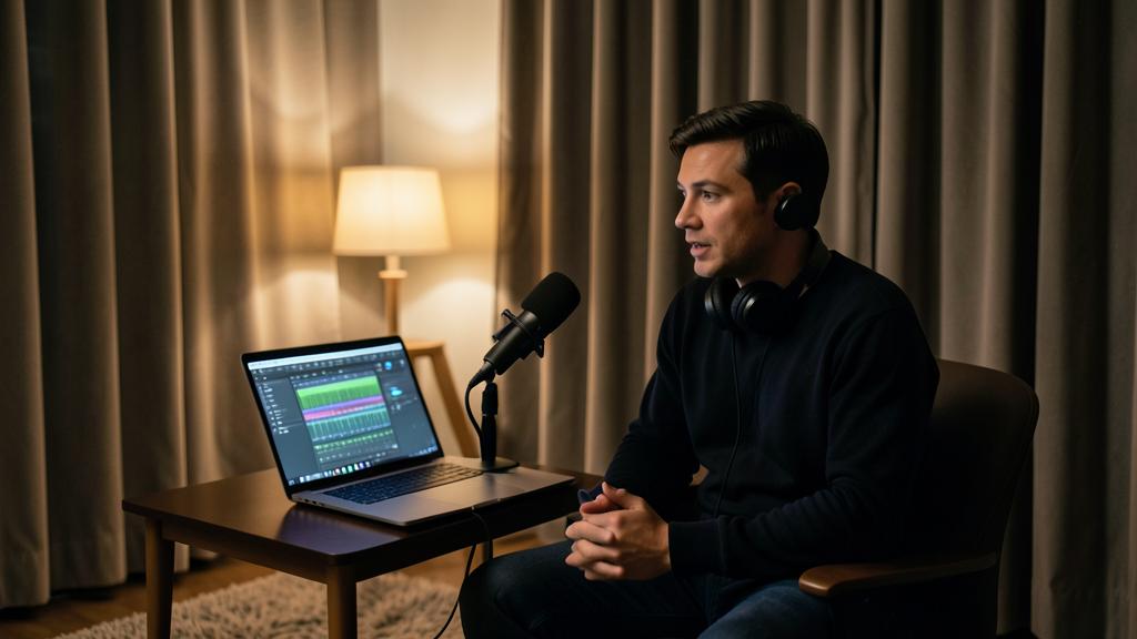 Ein Mann nimmt mit einem Mikrofon, Kopfhörern und einer Software auf einem Laptop einen Podcast auf.