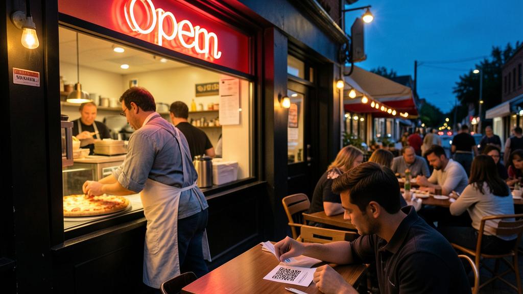 Un homme en tablier prépare une pizza au comptoir d'un restaurant, tandis que des clients dînent à des tables en terrasse le soir.