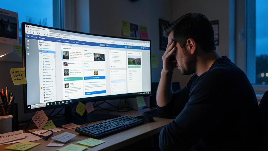 Un homme stressé regarde un écran affichant une interface de gestion de contenu avec plusieurs publications.
