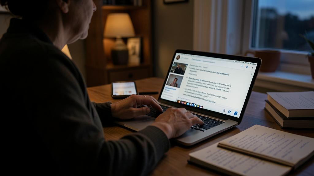 Une personne travaille sur un ordinateur affichant un fil d'actualité de réseaux sociaux, avec un smartphone et des notes à côté.