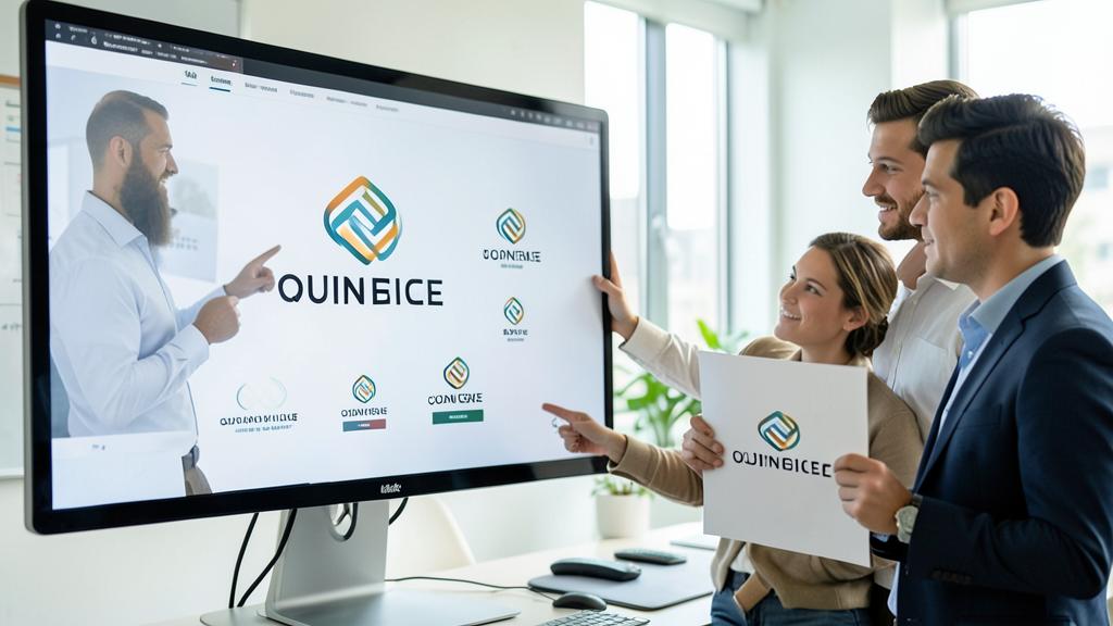 Drei Personen prüfen verschiedene Versionen des QUINBICE-Logos auf einem Bildschirm und einem Ausdruck.