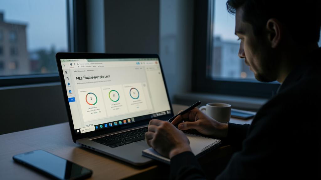 Ein Mann arbeitet an einem Laptop mit Diagrammen, daneben ein Notizbuch.