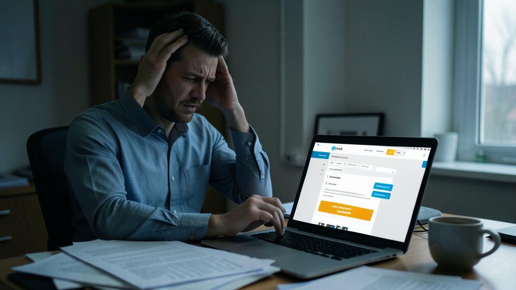 Ein gestresster Mann arbeitet an einem Laptop mit einer Website.