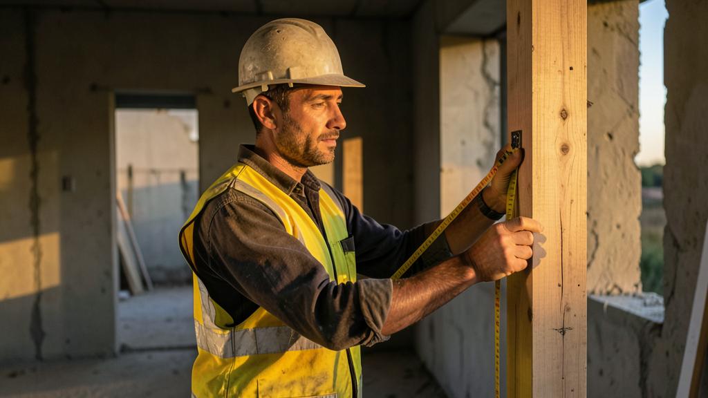 Un trabajador de la construcción mide una viga de madera en un sitio de construcción.
